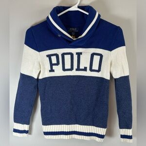 Polo Ralph Lauren Kids Sweater M 10-12 Blue White Colorblock Shawl Collar EUC